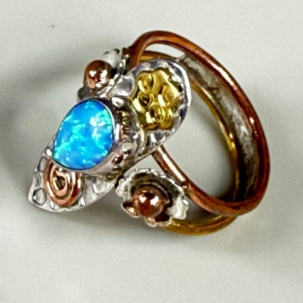 Tear Drop Shaped Faux Opal Fashion Ring Size 7 Silver Gold Colors Flower Accents